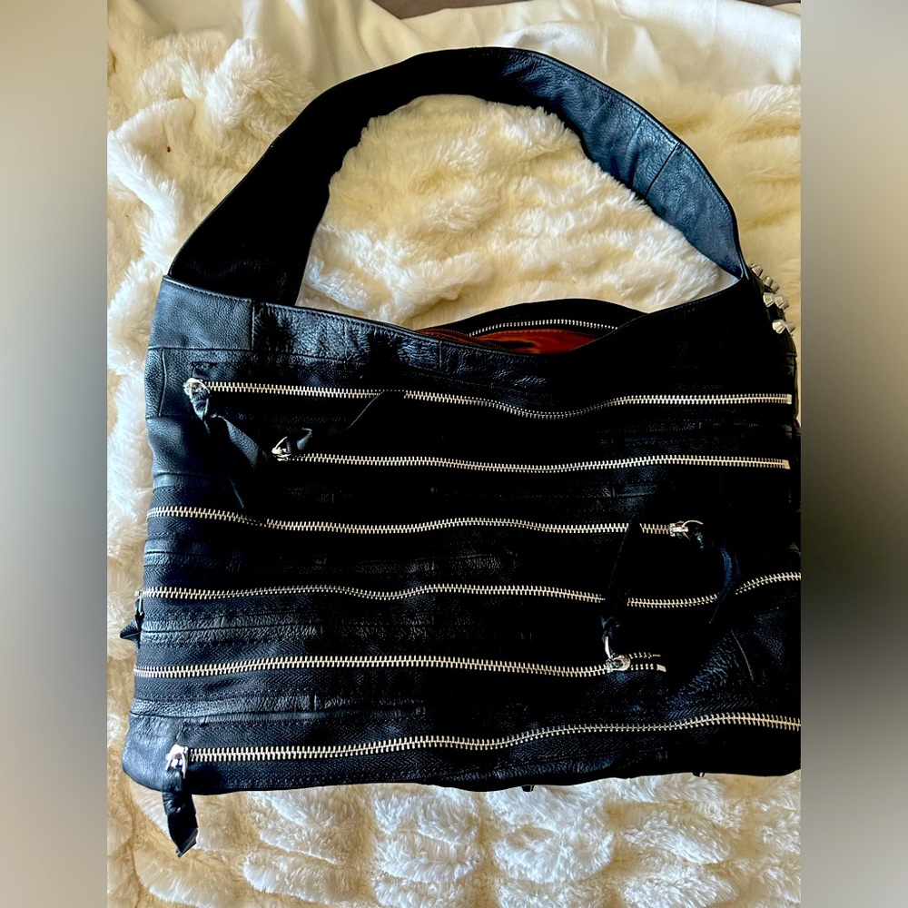 Vicenzo Leather Hobo Bag with studs and zipper decal
